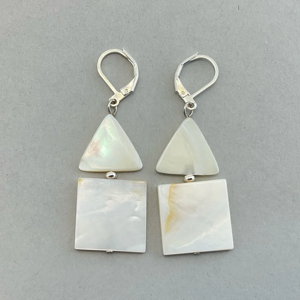 Mod Mother of Pearl Earrings, Handmade, Triangles & Squares, Neutral